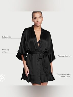 Victorias Secret Satin Flounce Robe Small Black